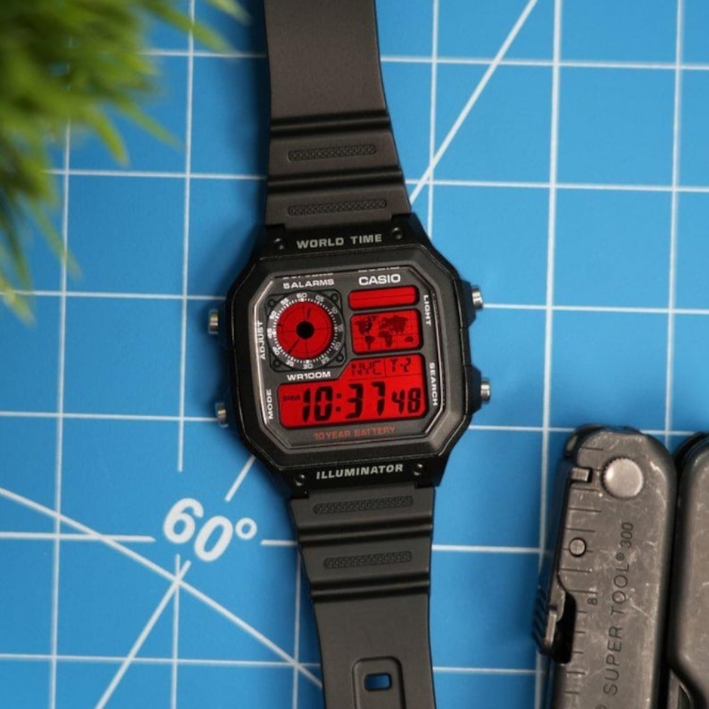 "Red Flash" Casio Royale (AE1200) Custom Digital World Time Watch Mod, Brand New